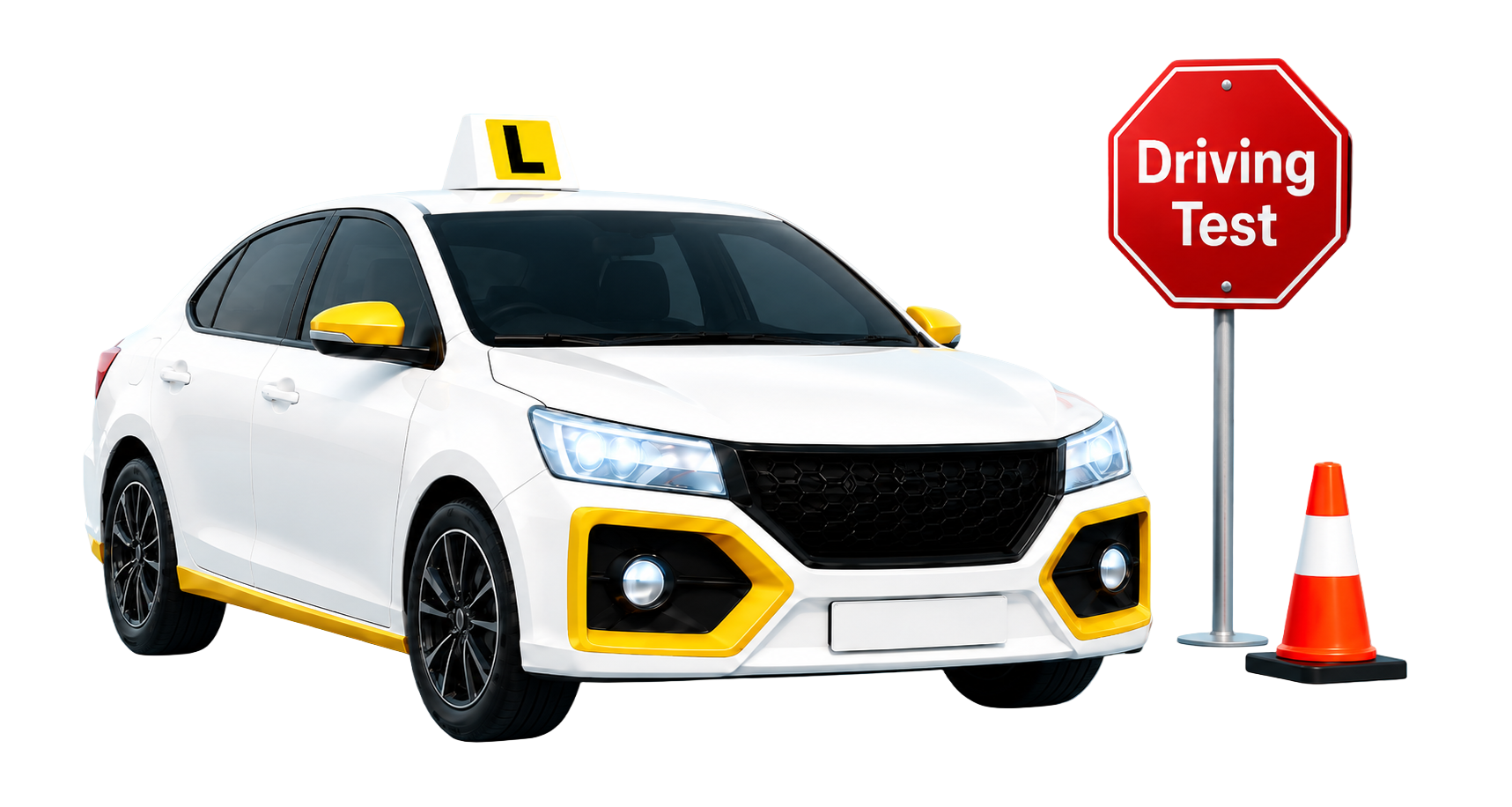 Learner car beside a driving test sign