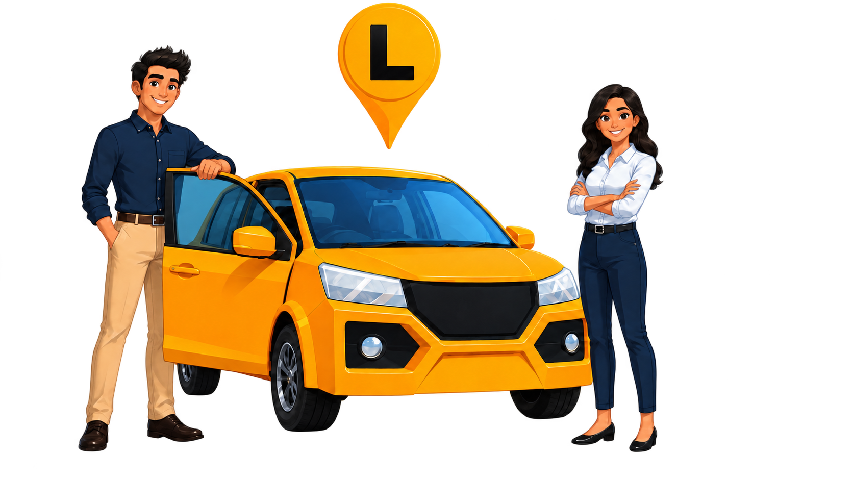 Illustration of two people beside an orange learner car